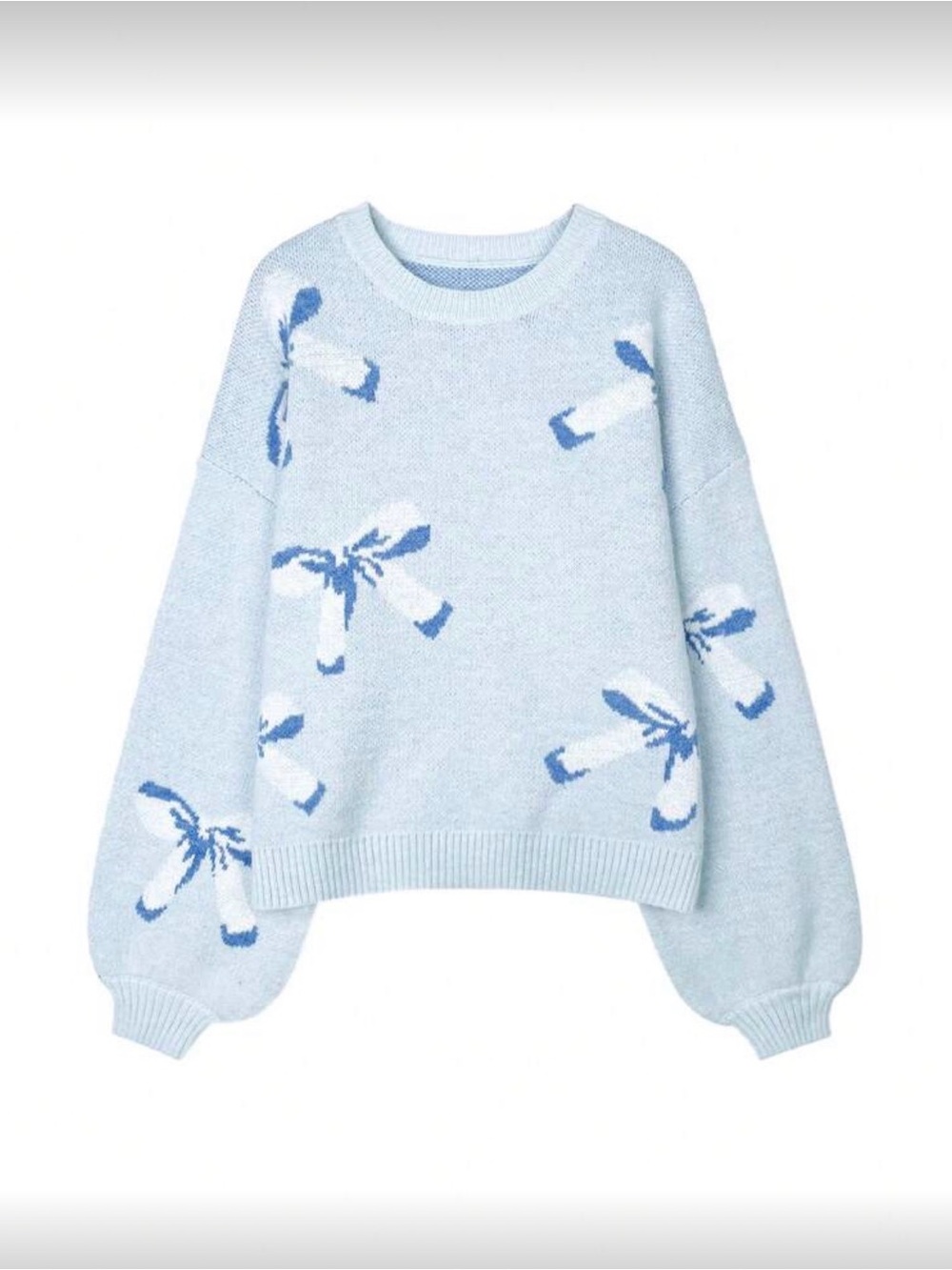 Soft Blue Bow Print Oversized Sweater - Medium